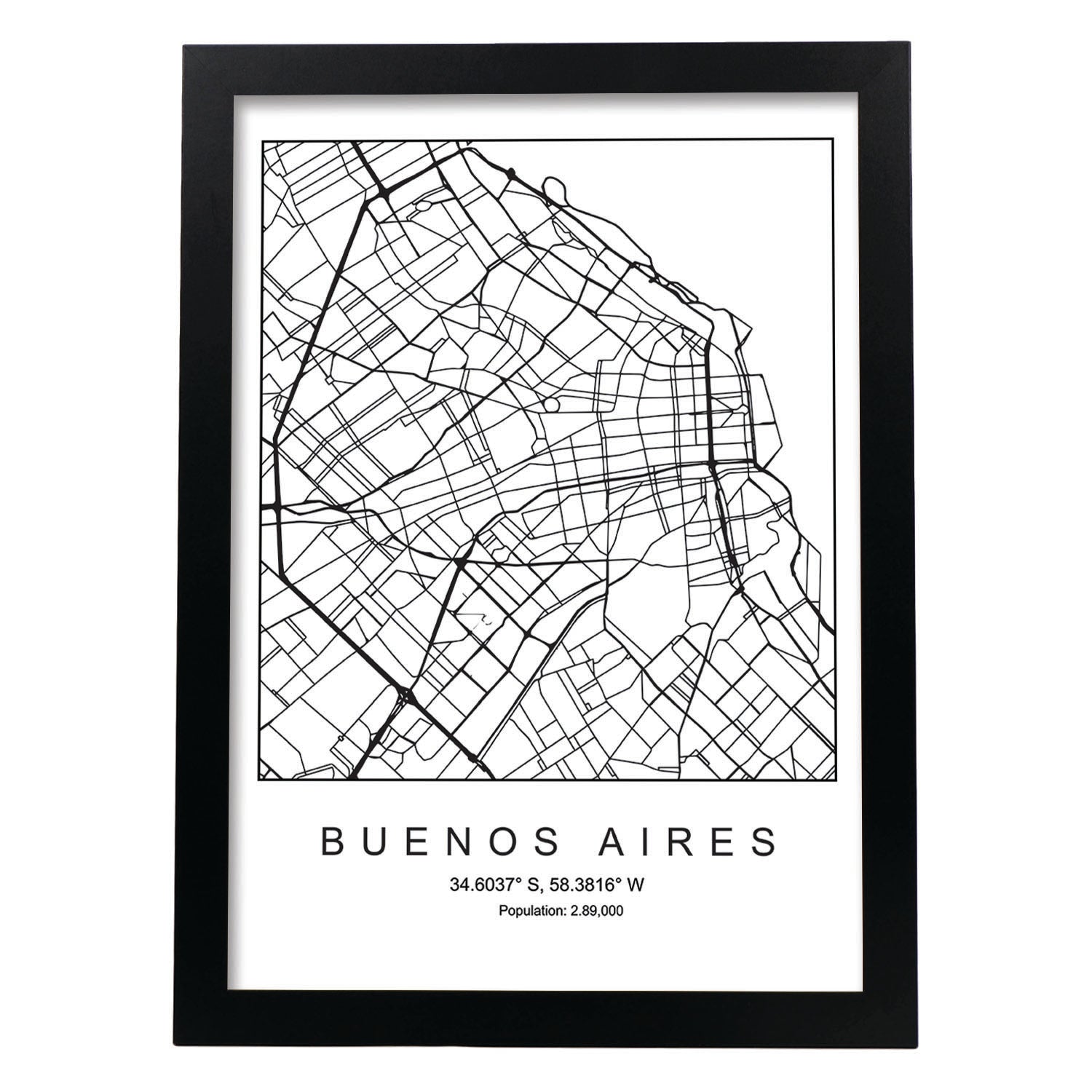 Lámina mapa de la ciudad Buenos aires estilo nordico en blanco y negro.-Artwork-Nacnic-A4-Marco Negro-Nacnic Estudio SL