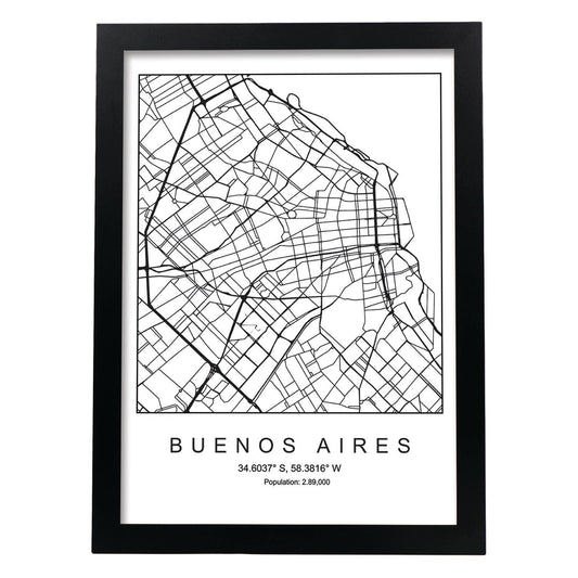 Lámina mapa de la ciudad Buenos aires estilo nordico en blanco y negro.-Artwork-Nacnic-A4-Marco Negro-Nacnic Estudio SL