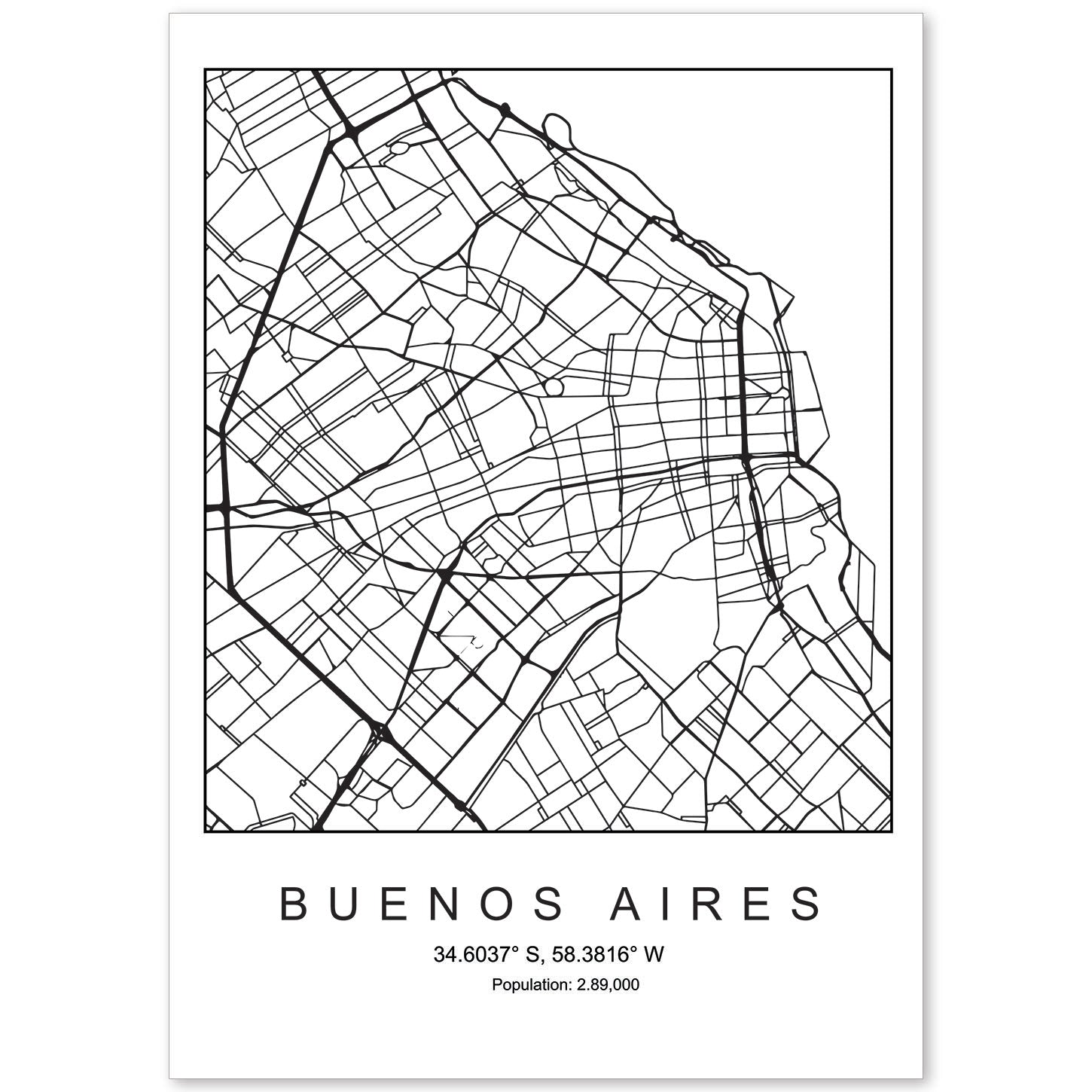Lámina mapa de la ciudad Buenos aires estilo nordico en blanco y negro.-Artwork-Nacnic-A4-Sin marco-Nacnic Estudio SL