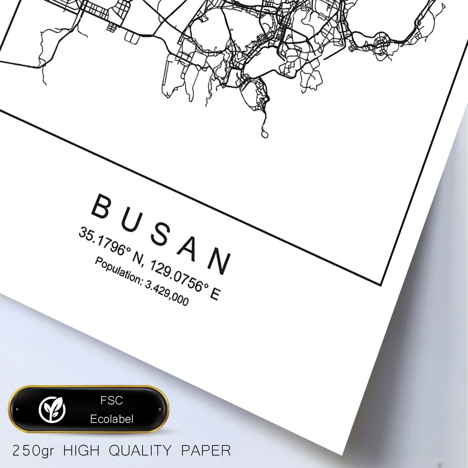 Lámina mapa de la ciudad Busan estilo nordico en blanco y negro.-Artwork-Nacnic-Nacnic Estudio SL