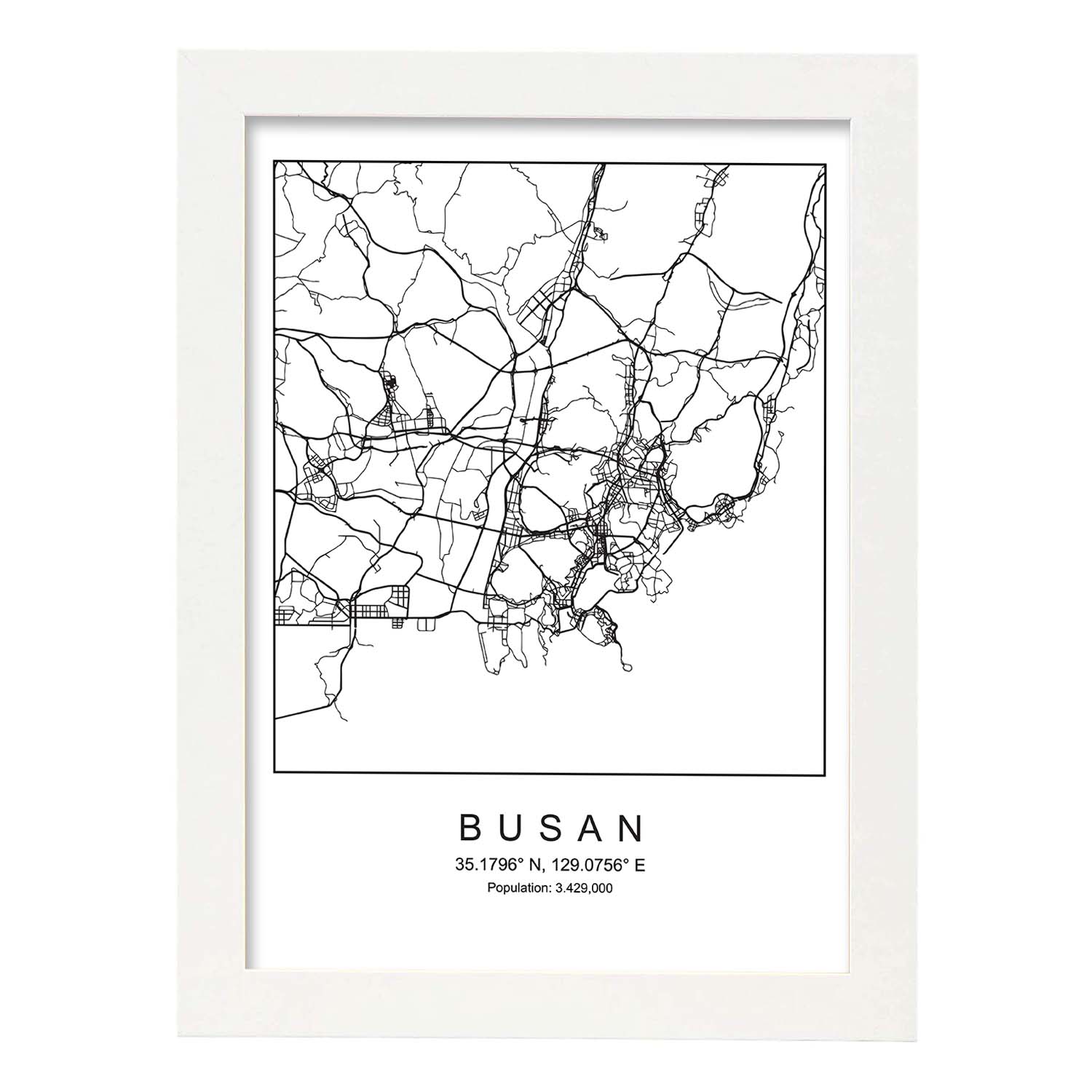 Lámina mapa de la ciudad Busan estilo nordico en blanco y negro.-Artwork-Nacnic-A3-Marco Blanco-Nacnic Estudio SL