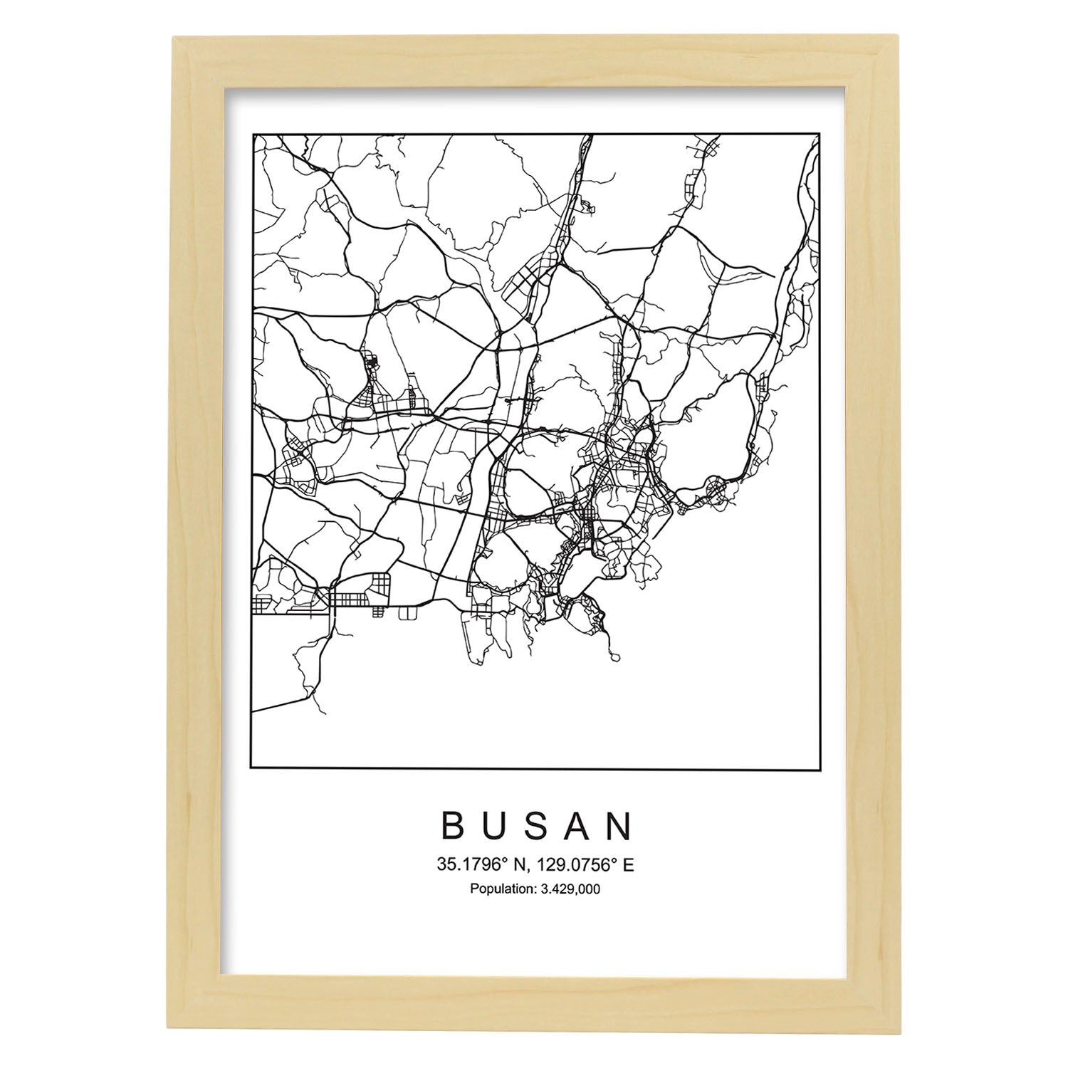 Lámina mapa de la ciudad Busan estilo nordico en blanco y negro.-Artwork-Nacnic-A3-Marco Madera clara-Nacnic Estudio SL