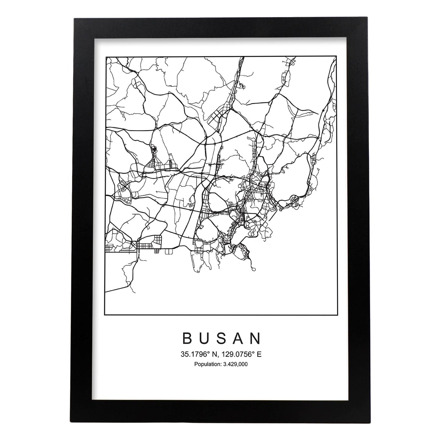 Lámina mapa de la ciudad Busan estilo nordico en blanco y negro.-Artwork-Nacnic-A3-Marco Negro-Nacnic Estudio SL
