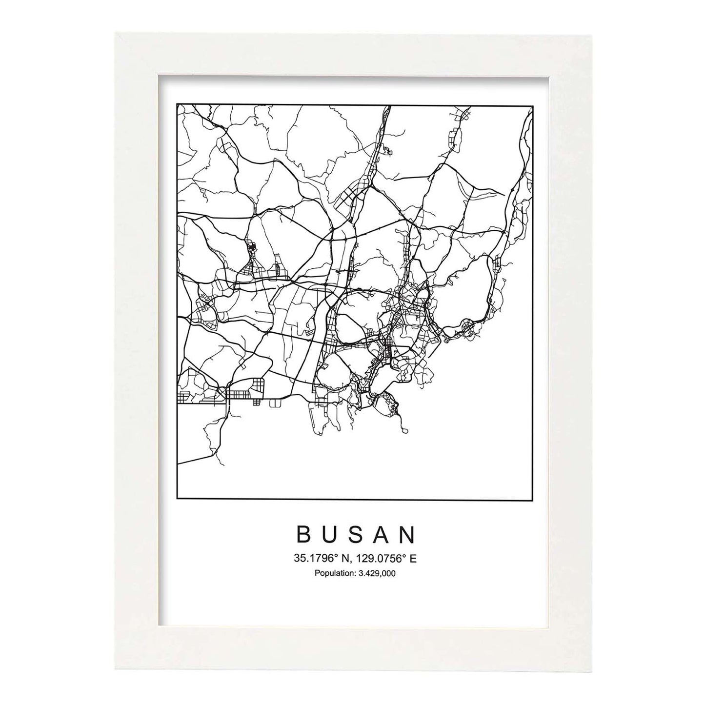 Lámina mapa de la ciudad Busan estilo nordico en blanco y negro.-Artwork-Nacnic-A4-Marco Blanco-Nacnic Estudio SL