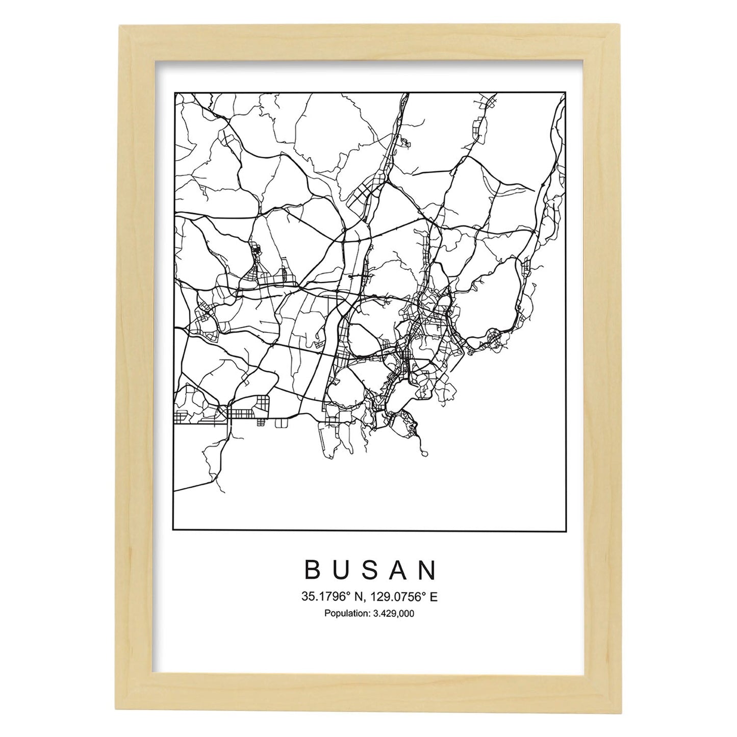 Lámina mapa de la ciudad Busan estilo nordico en blanco y negro.-Artwork-Nacnic-A4-Marco Madera clara-Nacnic Estudio SL