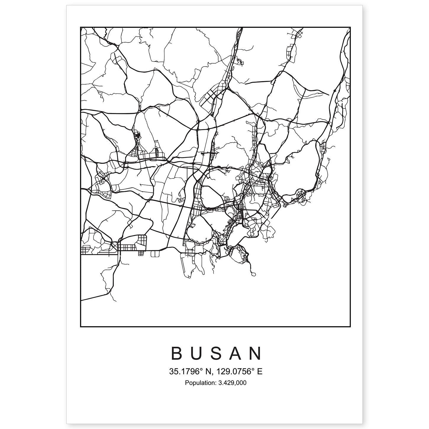 Lámina mapa de la ciudad Busan estilo nordico en blanco y negro.-Artwork-Nacnic-A4-Sin marco-Nacnic Estudio SL