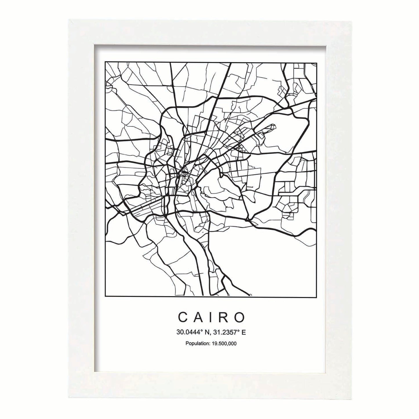 Lámina mapa de la ciudad Cairo estilo nordico en blanco y negro.-Artwork-Nacnic-A3-Marco Blanco-Nacnic Estudio SL