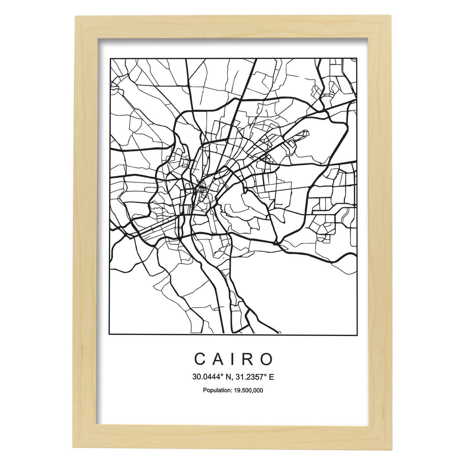 Lámina mapa de la ciudad Cairo estilo nordico en blanco y negro.-Artwork-Nacnic-A3-Marco Madera clara-Nacnic Estudio SL