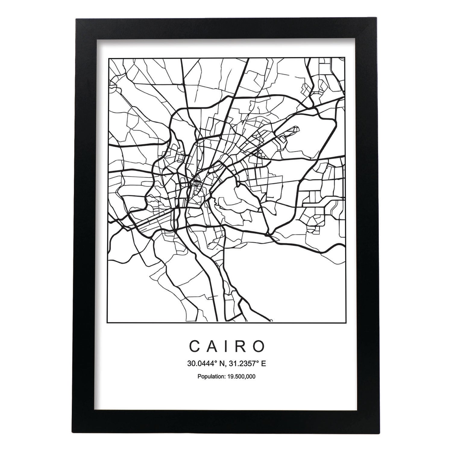 Lámina mapa de la ciudad Cairo estilo nordico en blanco y negro.-Artwork-Nacnic-A3-Marco Negro-Nacnic Estudio SL