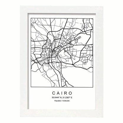 Lámina mapa de la ciudad Cairo estilo nordico en blanco y negro.-Artwork-Nacnic-A4-Marco Blanco-Nacnic Estudio SL
