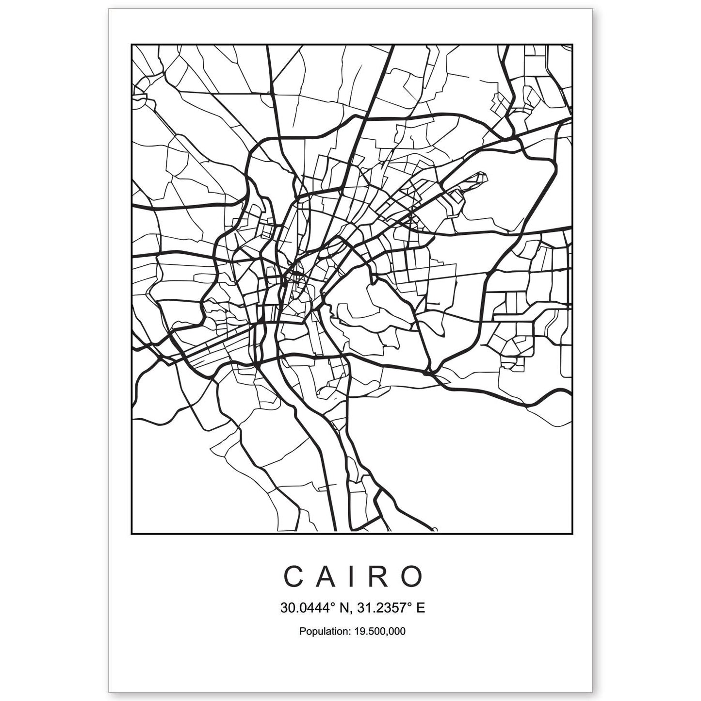 Lámina mapa de la ciudad Cairo estilo nordico en blanco y negro.-Artwork-Nacnic-A4-Sin marco-Nacnic Estudio SL