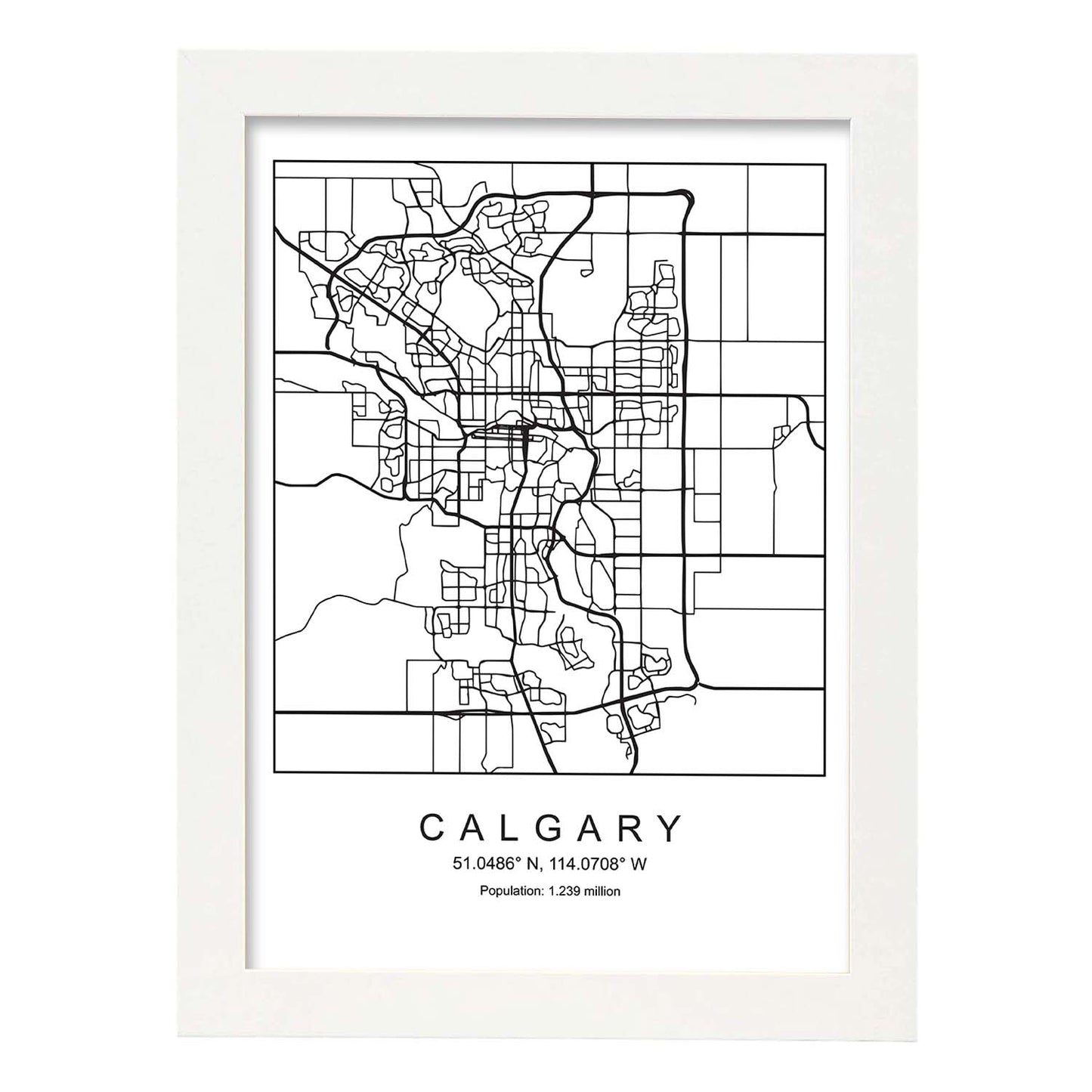 Lámina mapa de la ciudad Calgary estilo nordico en blanco y negro.-Artwork-Nacnic-A3-Marco Blanco-Nacnic Estudio SL