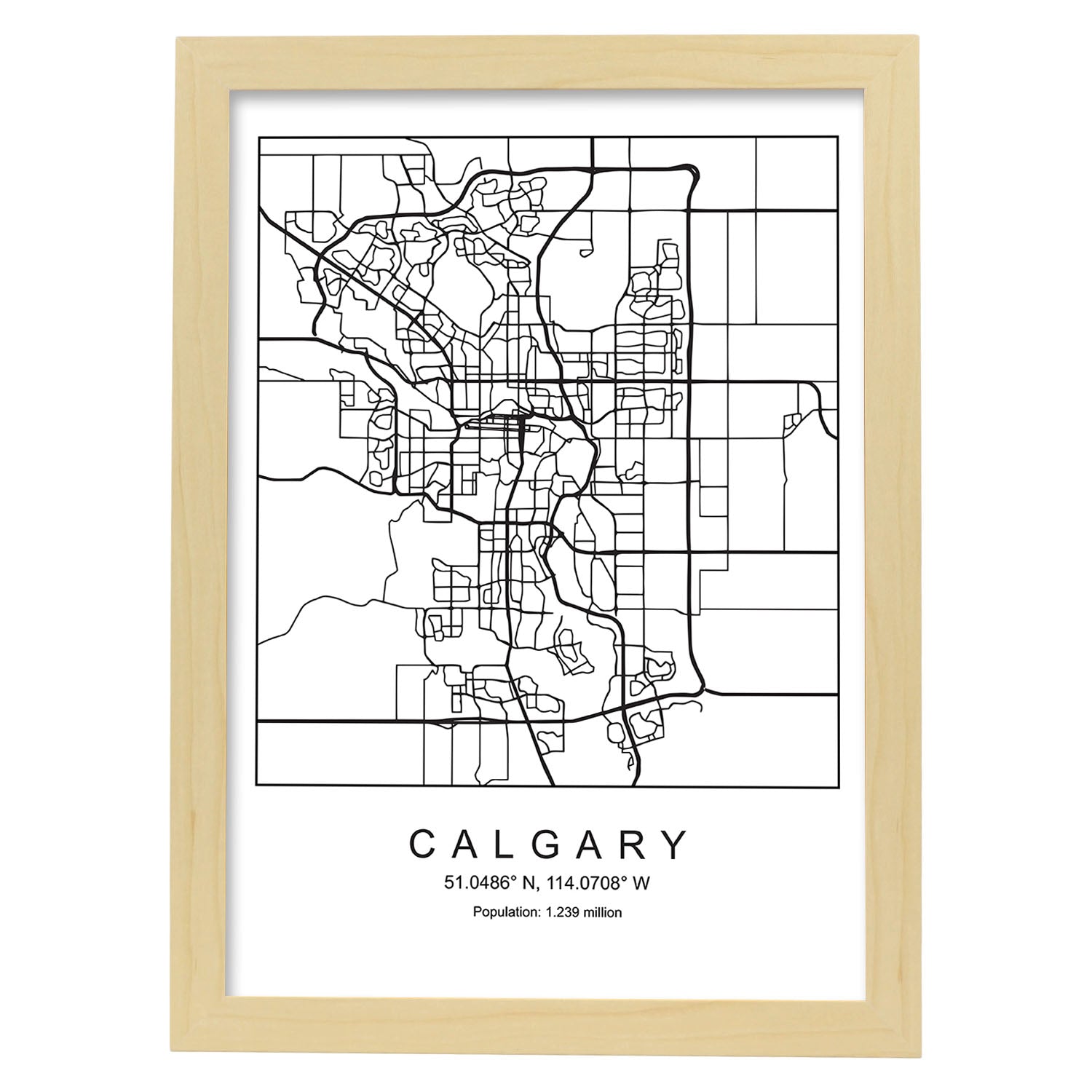 Lámina mapa de la ciudad Calgary estilo nordico en blanco y negro.-Artwork-Nacnic-A3-Marco Madera clara-Nacnic Estudio SL