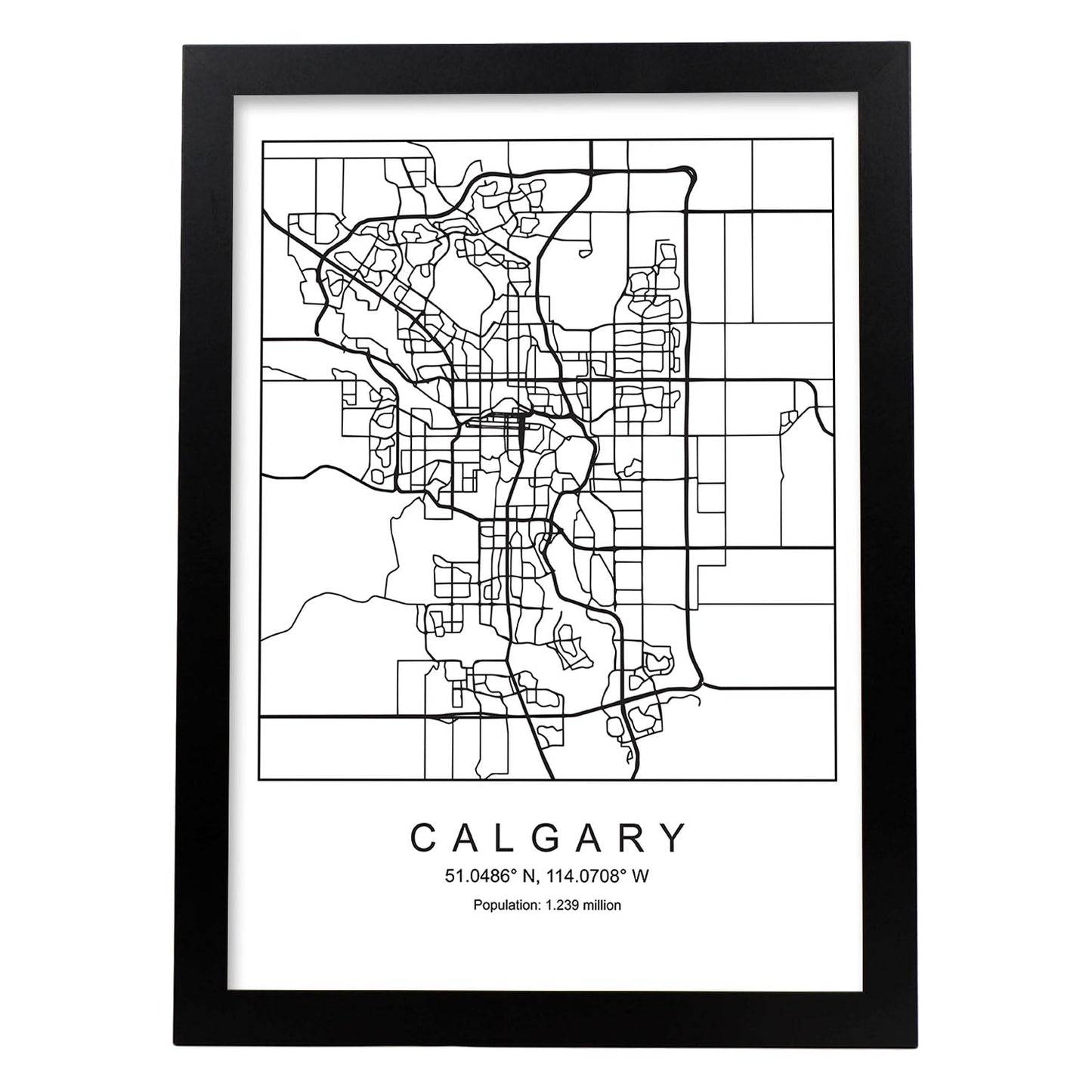 Lámina mapa de la ciudad Calgary estilo nordico en blanco y negro.-Artwork-Nacnic-A3-Marco Negro-Nacnic Estudio SL