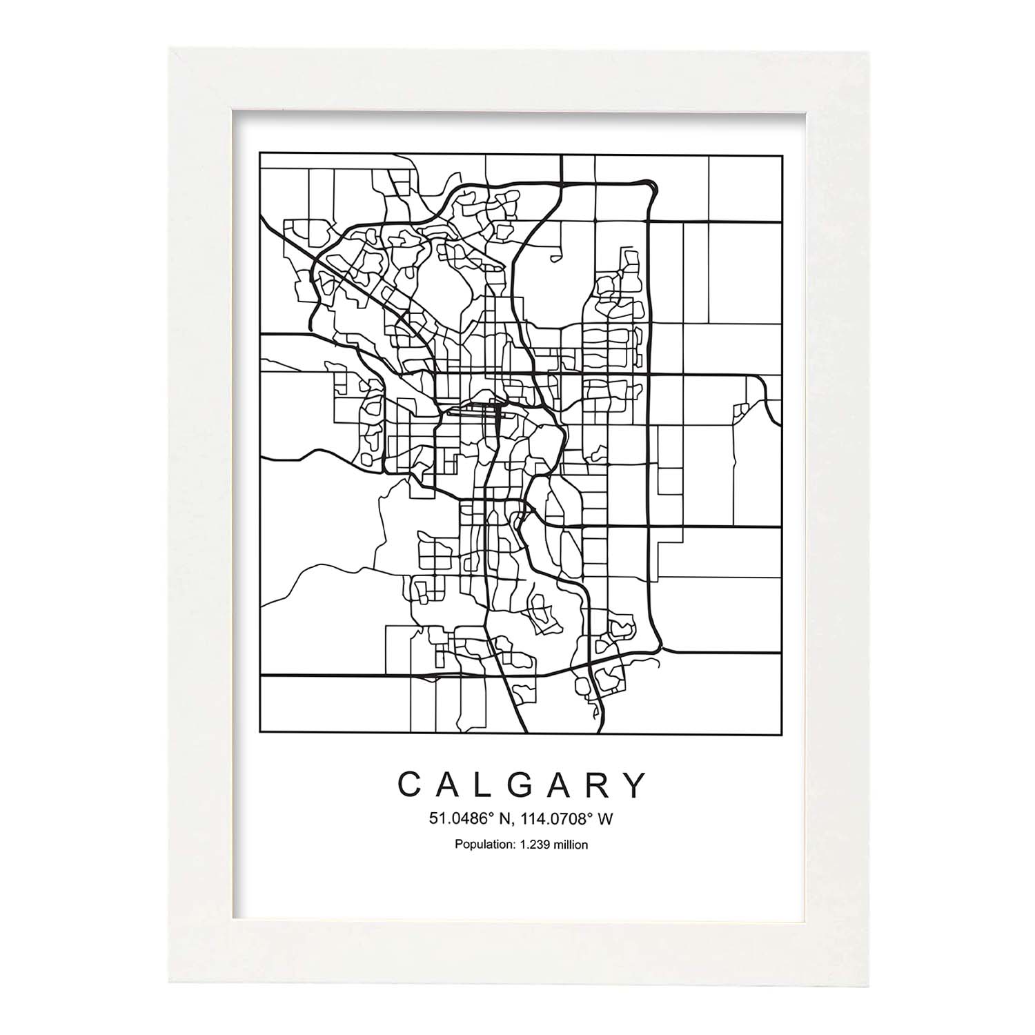 Lámina mapa de la ciudad Calgary estilo nordico en blanco y negro.-Artwork-Nacnic-A4-Marco Blanco-Nacnic Estudio SL