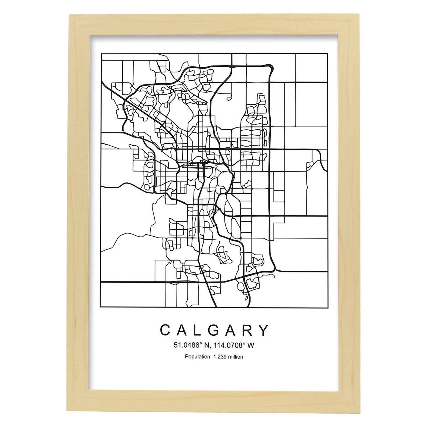 Lámina mapa de la ciudad Calgary estilo nordico en blanco y negro.-Artwork-Nacnic-A4-Marco Madera clara-Nacnic Estudio SL