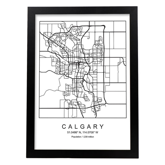 Lámina mapa de la ciudad Calgary estilo nordico en blanco y negro.-Artwork-Nacnic-A4-Marco Negro-Nacnic Estudio SL