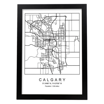 Lámina mapa de la ciudad Calgary estilo nordico en blanco y negro.-Artwork-Nacnic-A4-Marco Negro-Nacnic Estudio SL