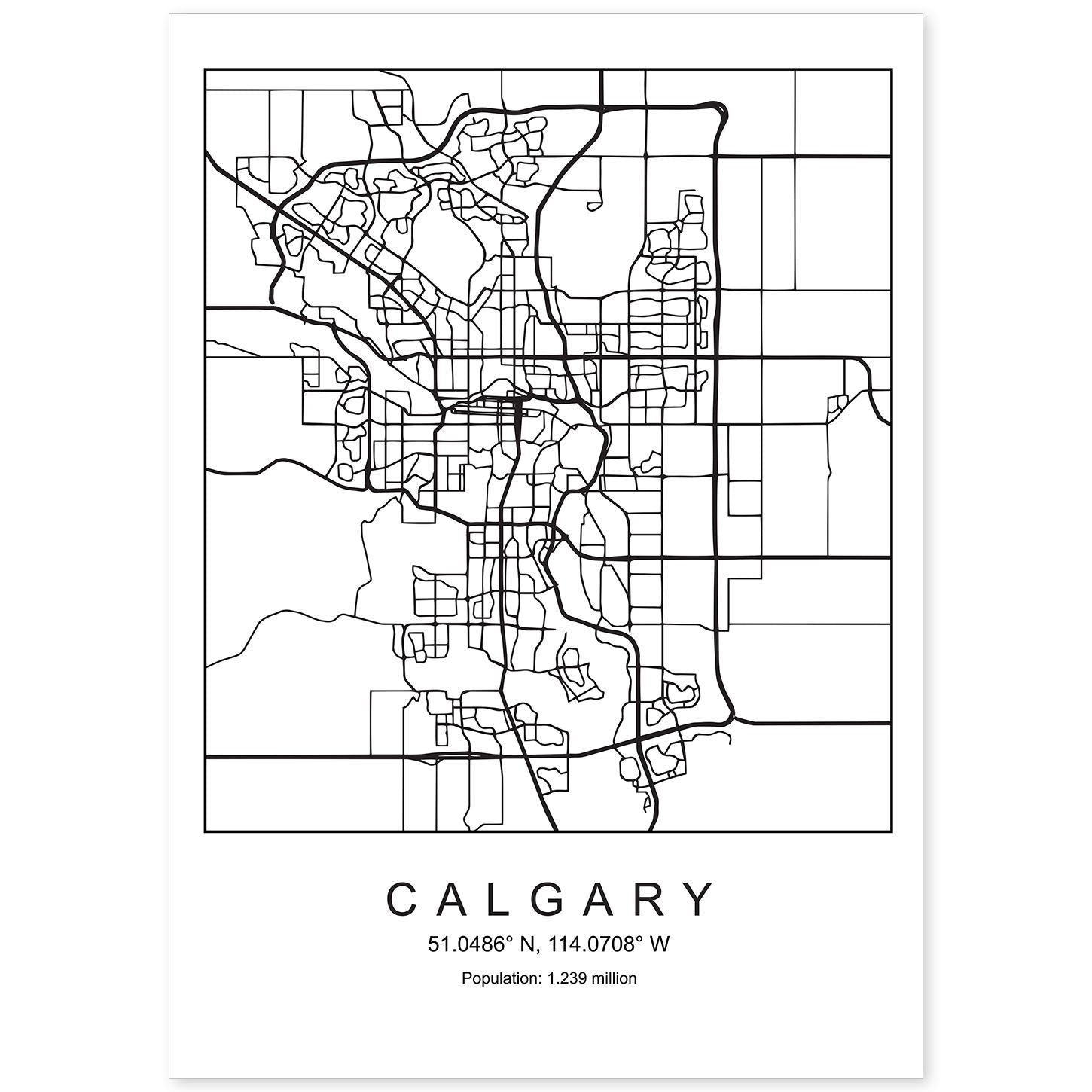 Lámina mapa de la ciudad Calgary estilo nordico en blanco y negro.-Artwork-Nacnic-A4-Sin marco-Nacnic Estudio SL