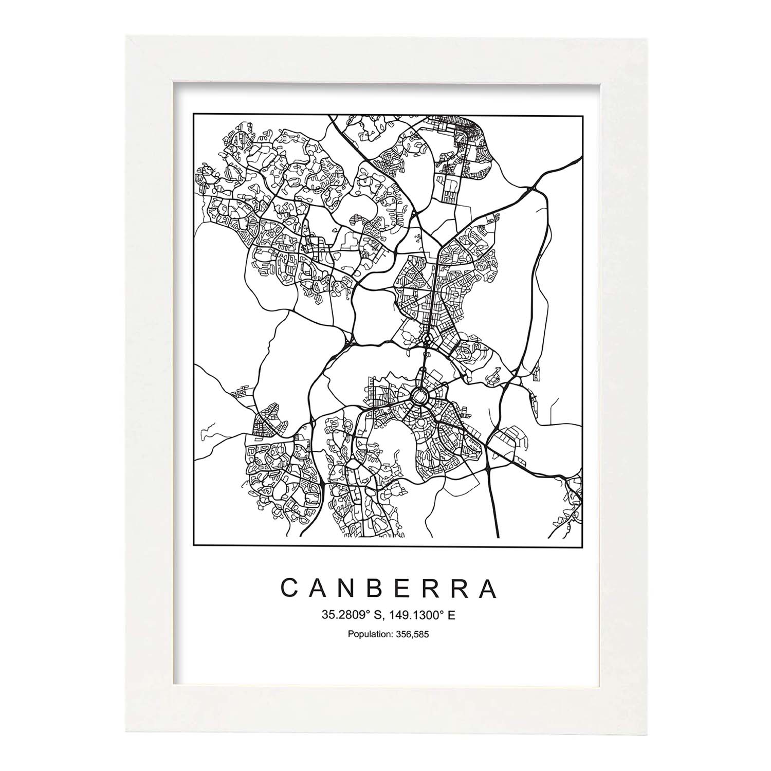Lámina mapa de la ciudad Canberra estilo nordico en blanco y negro.-Artwork-Nacnic-A3-Marco Blanco-Nacnic Estudio SL