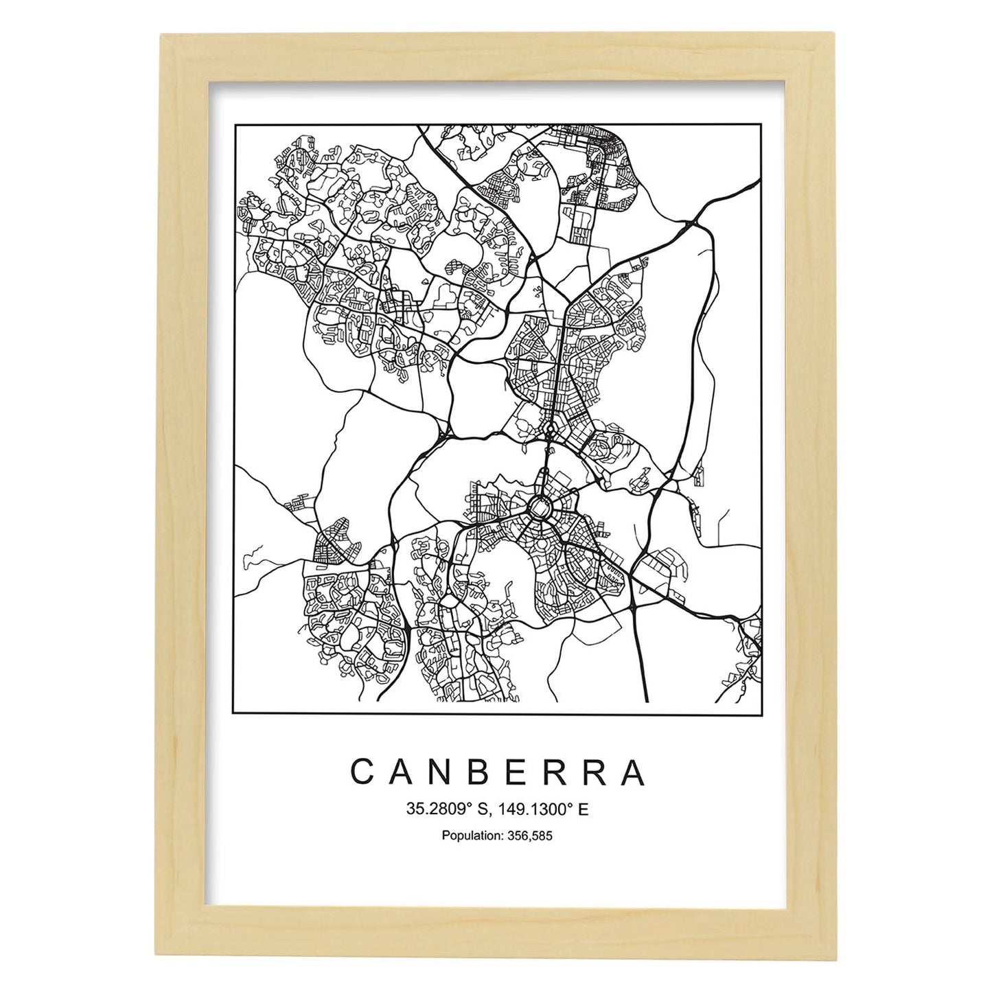 Lámina mapa de la ciudad Canberra estilo nordico en blanco y negro.-Artwork-Nacnic-A3-Marco Madera clara-Nacnic Estudio SL