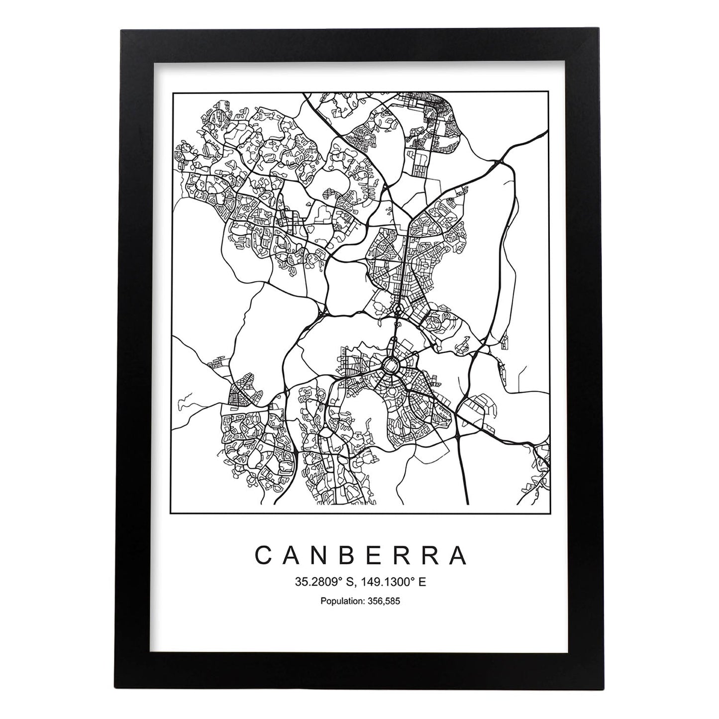 Lámina mapa de la ciudad Canberra estilo nordico en blanco y negro.-Artwork-Nacnic-A3-Marco Negro-Nacnic Estudio SL