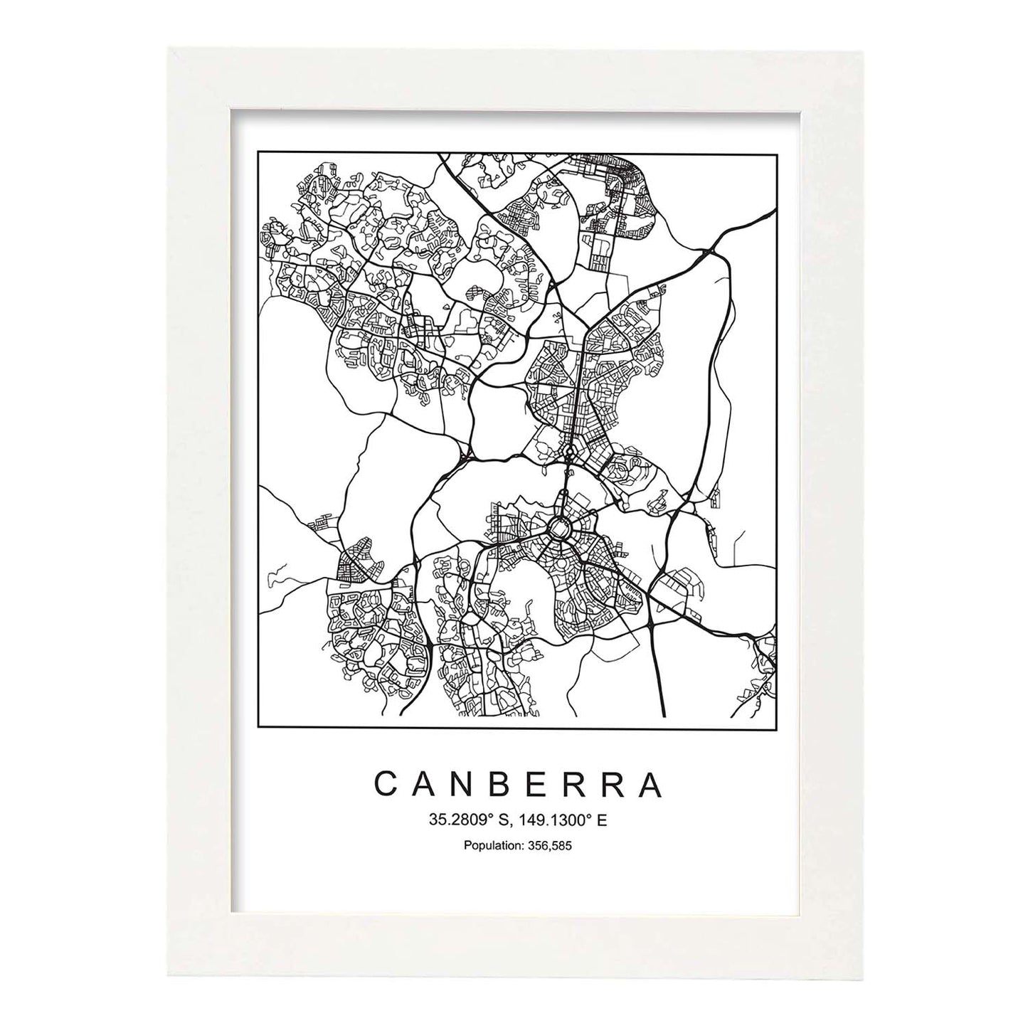 Lámina mapa de la ciudad Canberra estilo nordico en blanco y negro.-Artwork-Nacnic-A4-Marco Blanco-Nacnic Estudio SL