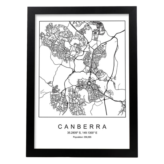 Lámina mapa de la ciudad Canberra estilo nordico en blanco y negro.-Artwork-Nacnic-A4-Marco Negro-Nacnic Estudio SL