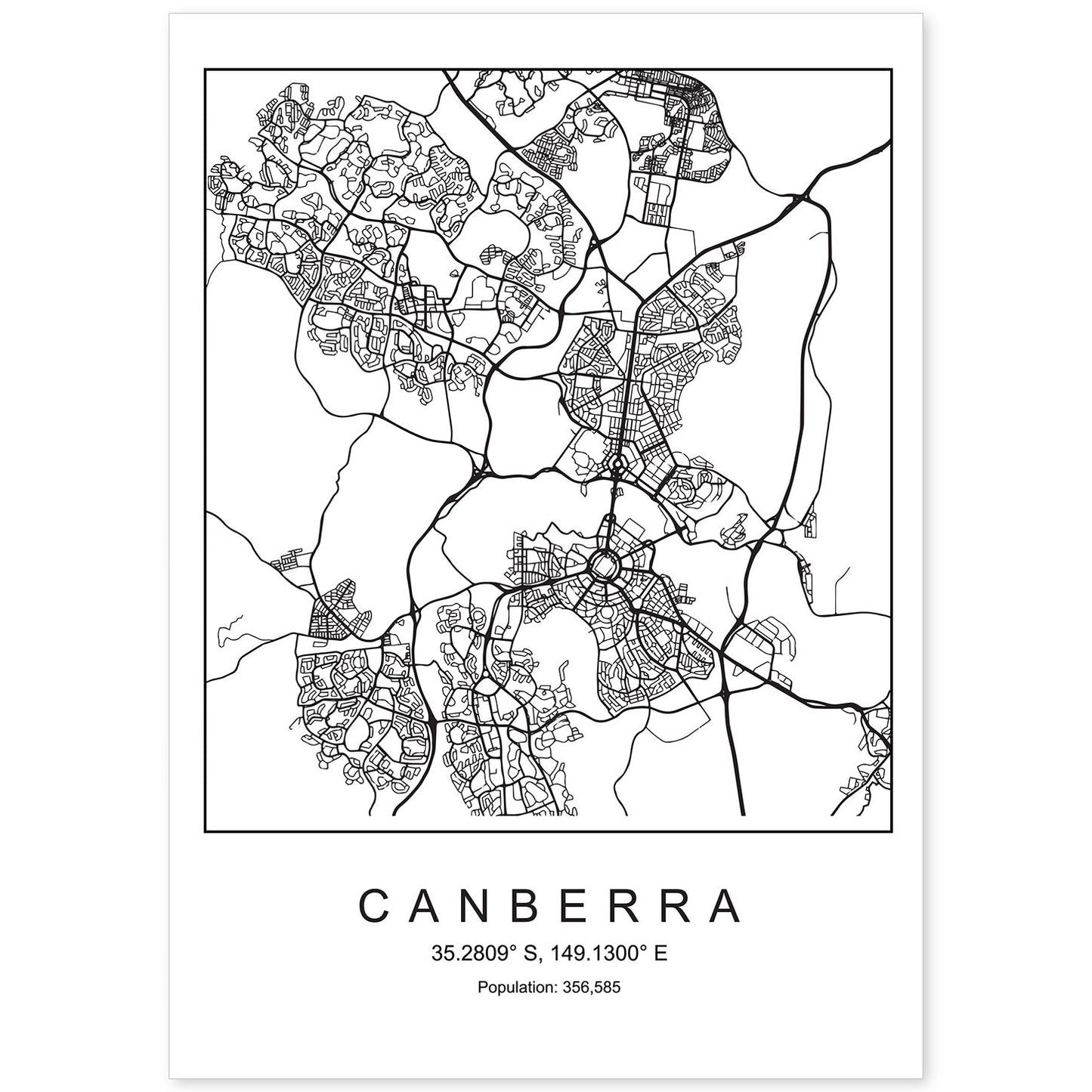 Lámina mapa de la ciudad Canberra estilo nordico en blanco y negro.-Artwork-Nacnic-A4-Sin marco-Nacnic Estudio SL
