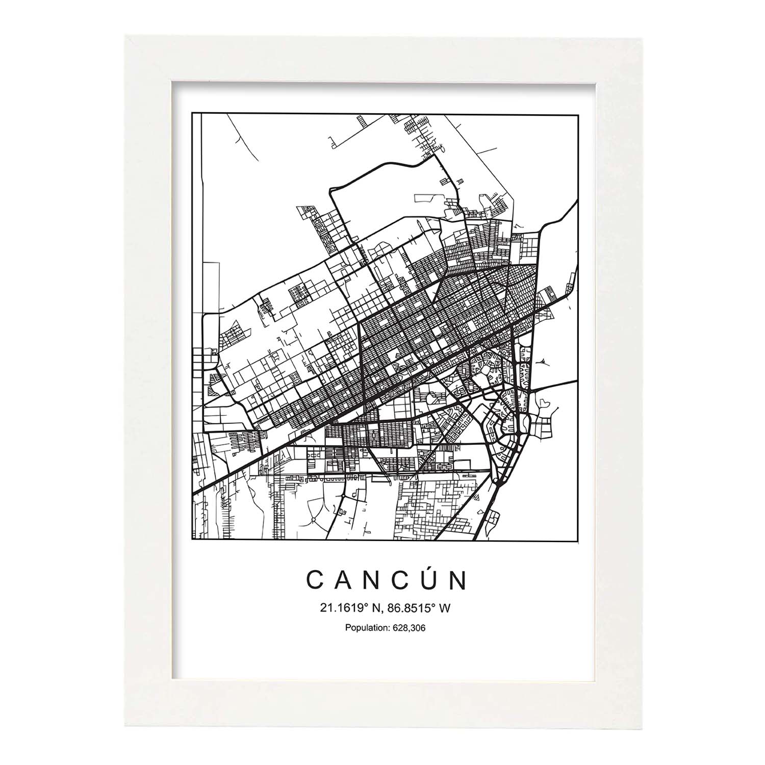 Lámina mapa de la ciudad Cancun estilo nordico en blanco y negro.-Artwork-Nacnic-A3-Marco Blanco-Nacnic Estudio SL