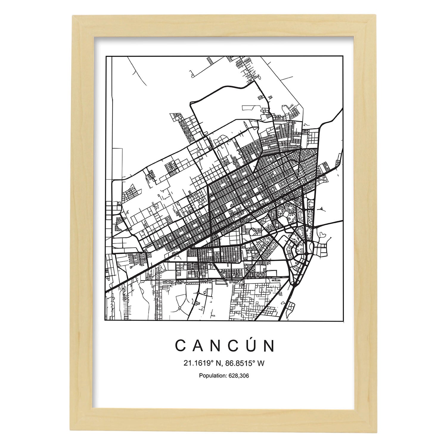 Lámina mapa de la ciudad Cancun estilo nordico en blanco y negro.-Artwork-Nacnic-A3-Marco Madera clara-Nacnic Estudio SL