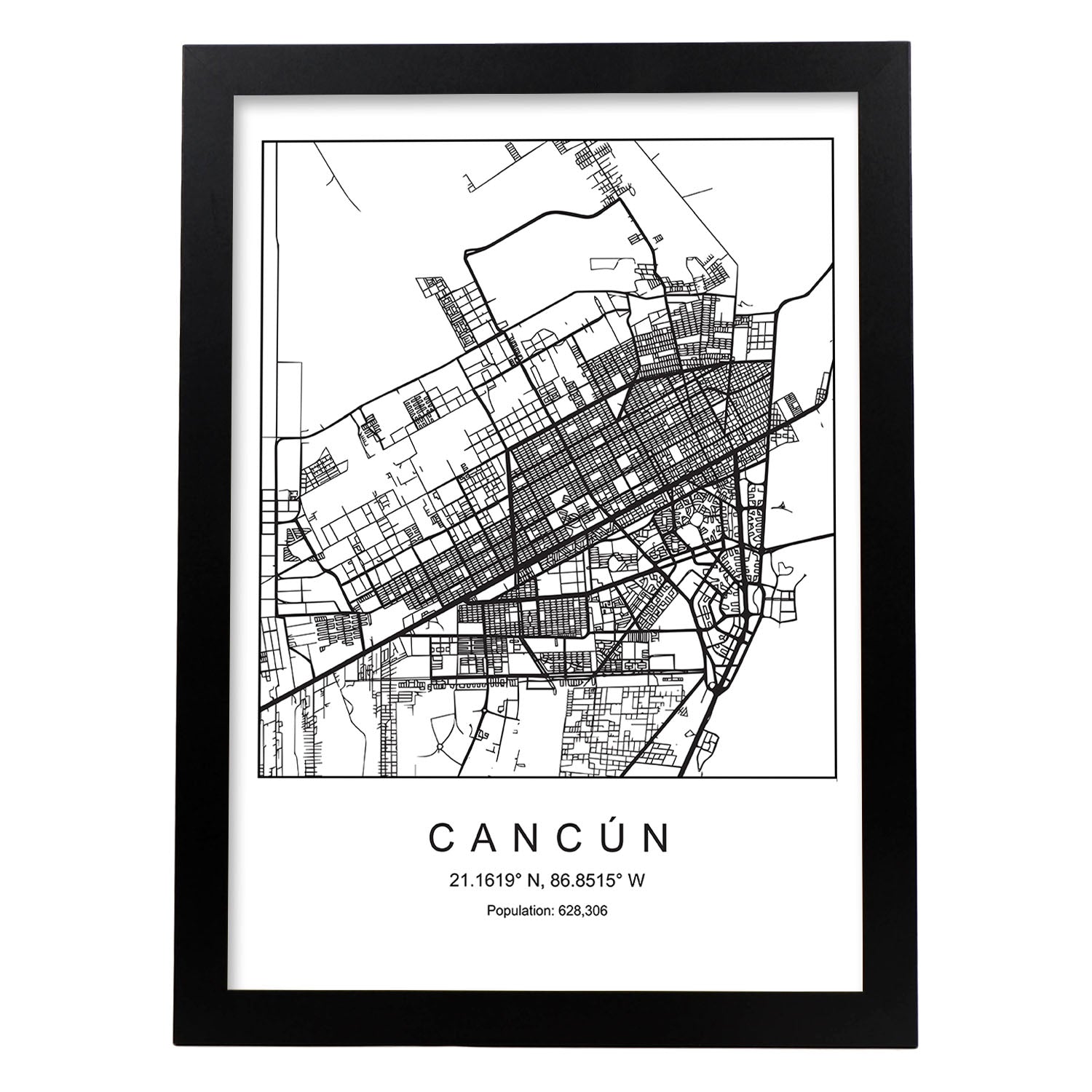 Lámina mapa de la ciudad Cancun estilo nordico en blanco y negro.-Artwork-Nacnic-A3-Marco Negro-Nacnic Estudio SL