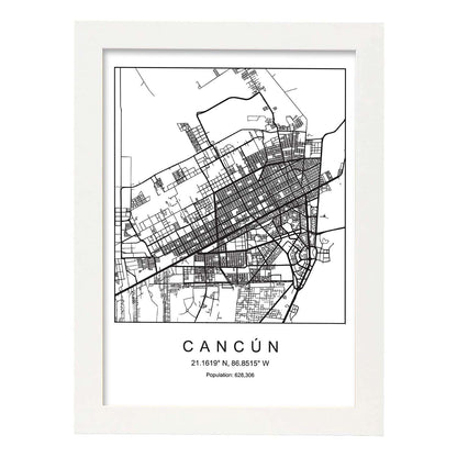 Lámina mapa de la ciudad Cancun estilo nordico en blanco y negro.-Artwork-Nacnic-A4-Marco Blanco-Nacnic Estudio SL