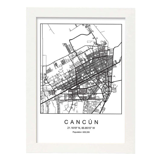 Lámina mapa de la ciudad Cancun estilo nordico en blanco y negro.-Artwork-Nacnic-A4-Marco Blanco-Nacnic Estudio SL