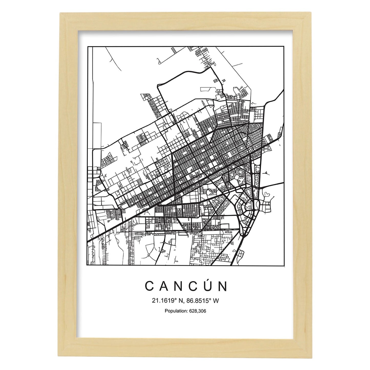 Lámina mapa de la ciudad Cancun estilo nordico en blanco y negro.-Artwork-Nacnic-A4-Marco Madera clara-Nacnic Estudio SL