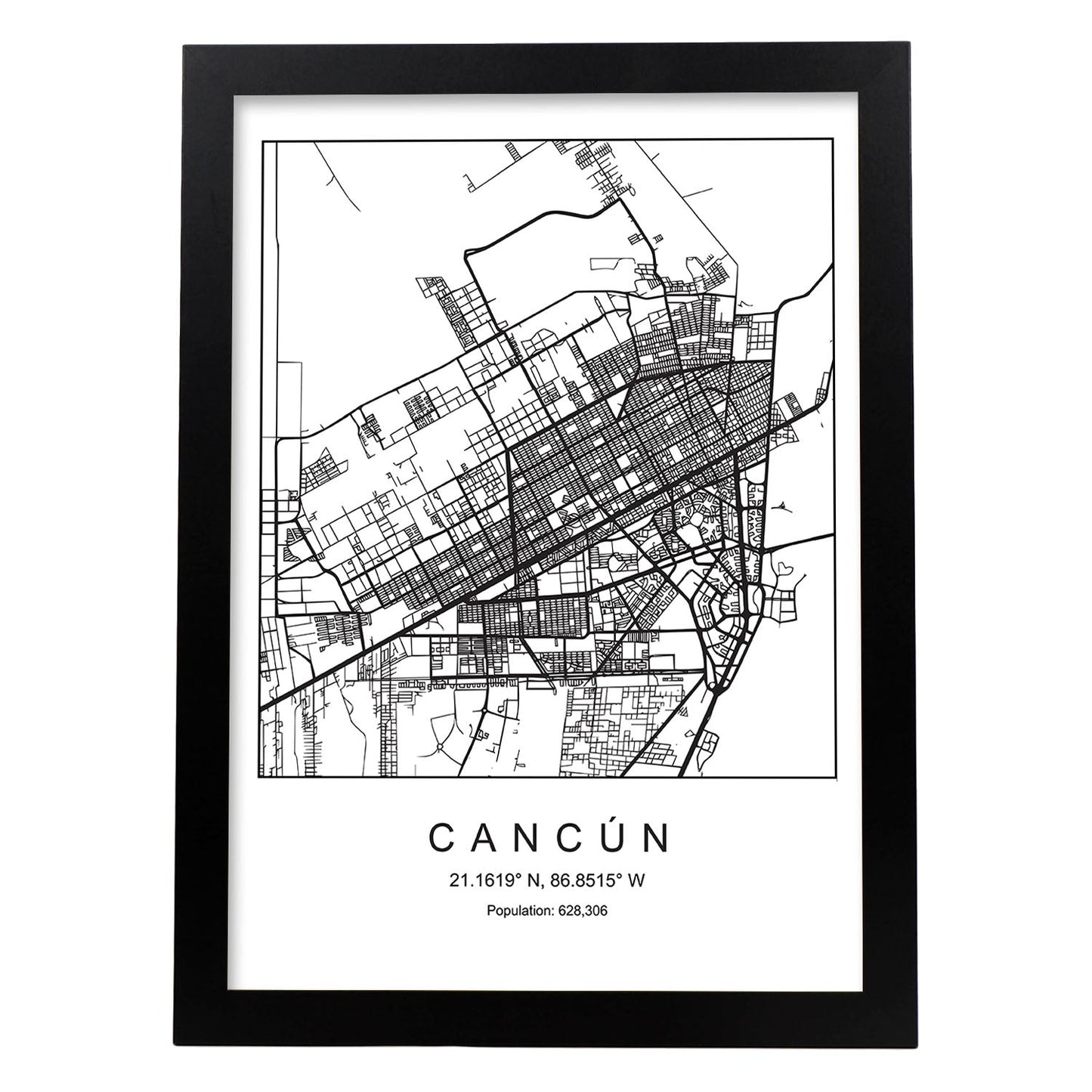 Lámina mapa de la ciudad Cancun estilo nordico en blanco y negro.-Artwork-Nacnic-A4-Marco Negro-Nacnic Estudio SL