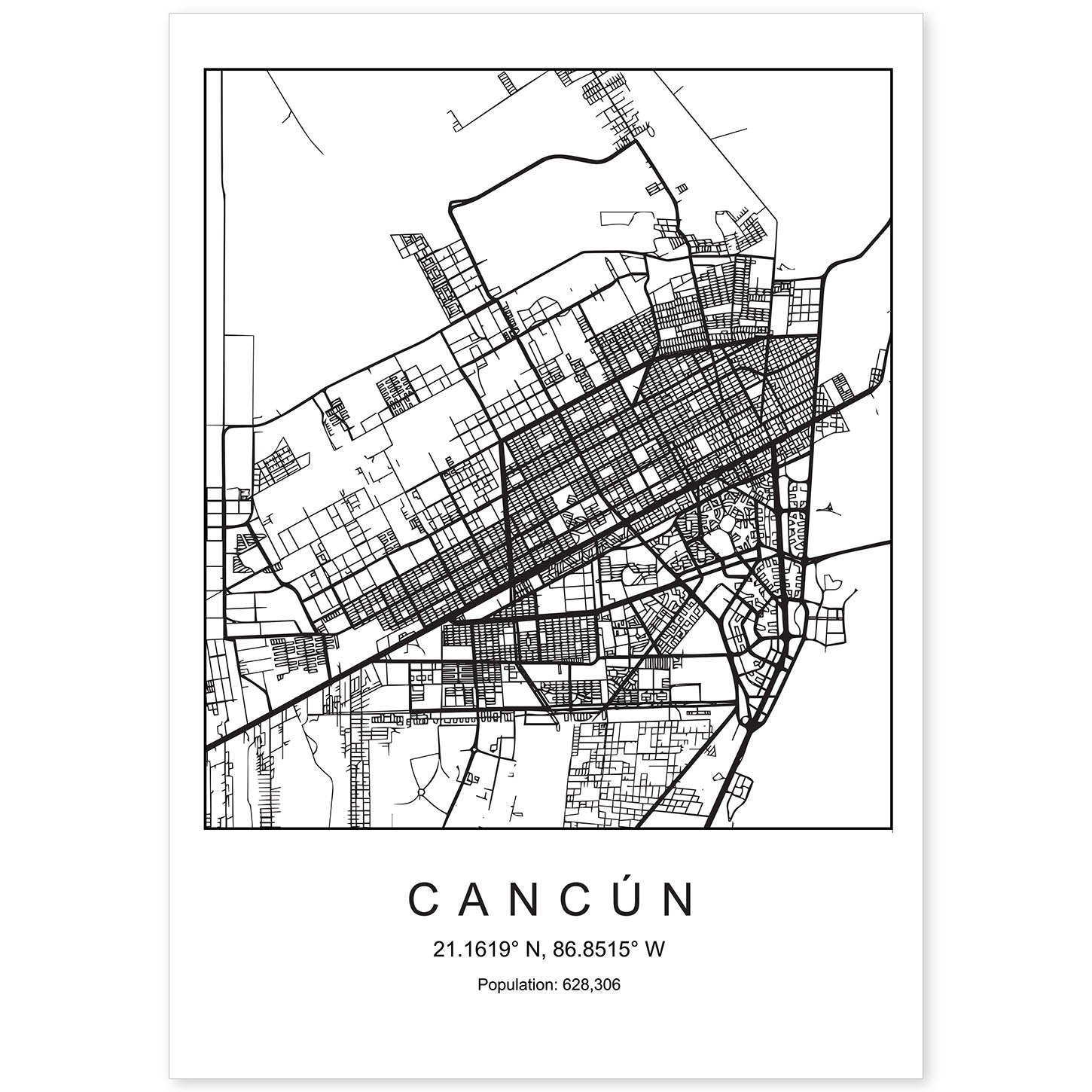 Lámina mapa de la ciudad Cancun estilo nordico en blanco y negro.-Artwork-Nacnic-A4-Sin marco-Nacnic Estudio SL