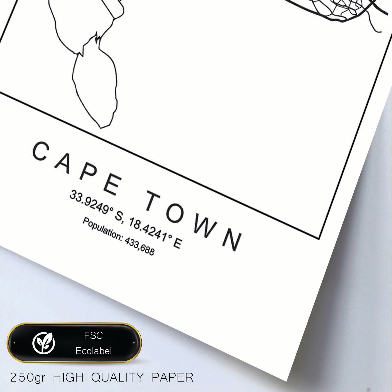 Lámina mapa de la ciudad Cape town estilo nordico en blanco y negro.-Artwork-Nacnic-Nacnic Estudio SL