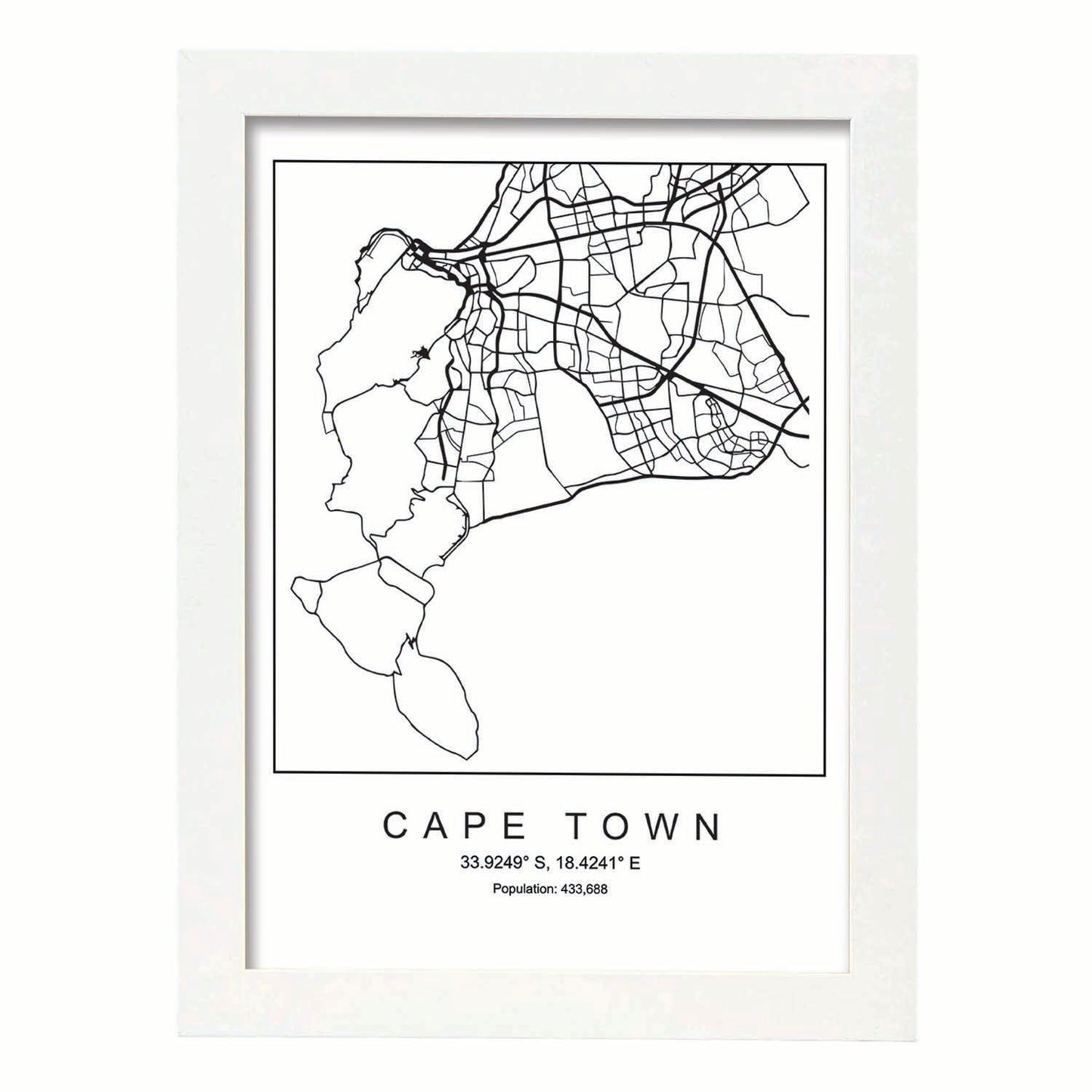 Lámina mapa de la ciudad Cape town estilo nordico en blanco y negro.-Artwork-Nacnic-A3-Marco Blanco-Nacnic Estudio SL