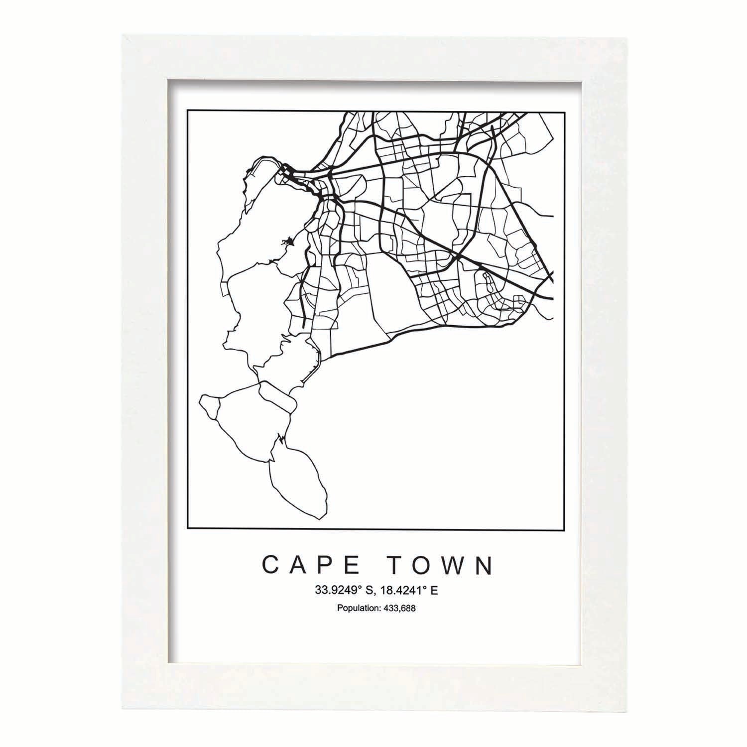 Lámina mapa de la ciudad Cape town estilo nordico en blanco y negro.-Artwork-Nacnic-A3-Marco Blanco-Nacnic Estudio SL