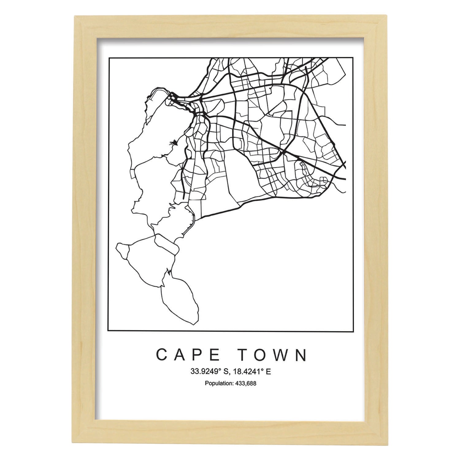 Lámina mapa de la ciudad Cape town estilo nordico en blanco y negro.-Artwork-Nacnic-A3-Marco Madera clara-Nacnic Estudio SL