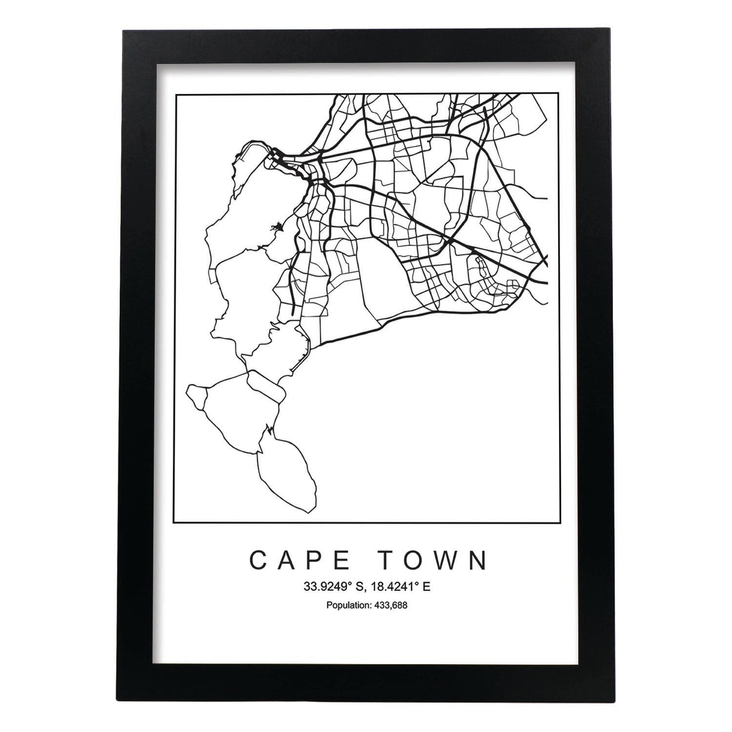Lámina mapa de la ciudad Cape town estilo nordico en blanco y negro.-Artwork-Nacnic-A3-Marco Negro-Nacnic Estudio SL