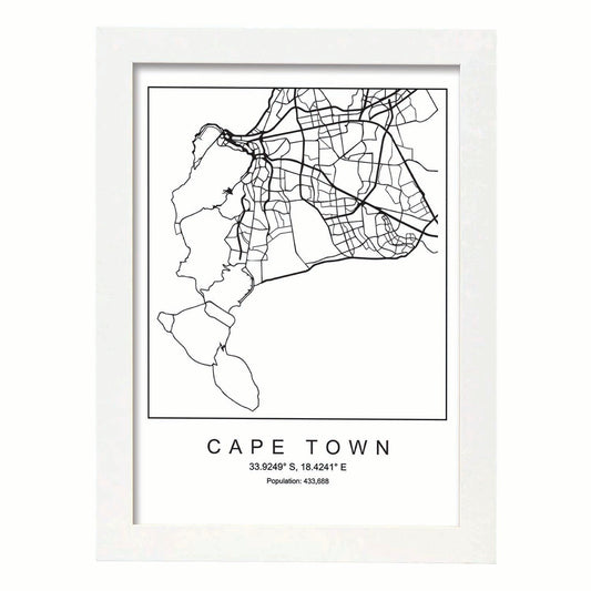 Lámina mapa de la ciudad Cape town estilo nordico en blanco y negro.-Artwork-Nacnic-A4-Marco Blanco-Nacnic Estudio SL