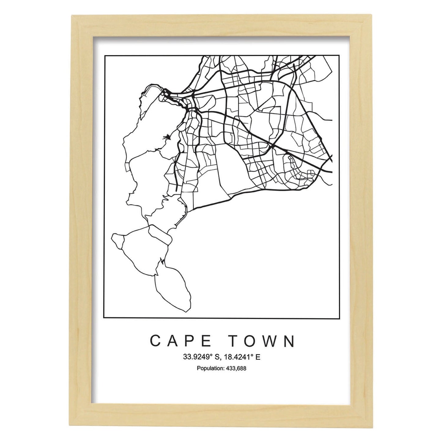 Lámina mapa de la ciudad Cape town estilo nordico en blanco y negro.-Artwork-Nacnic-A4-Marco Madera clara-Nacnic Estudio SL