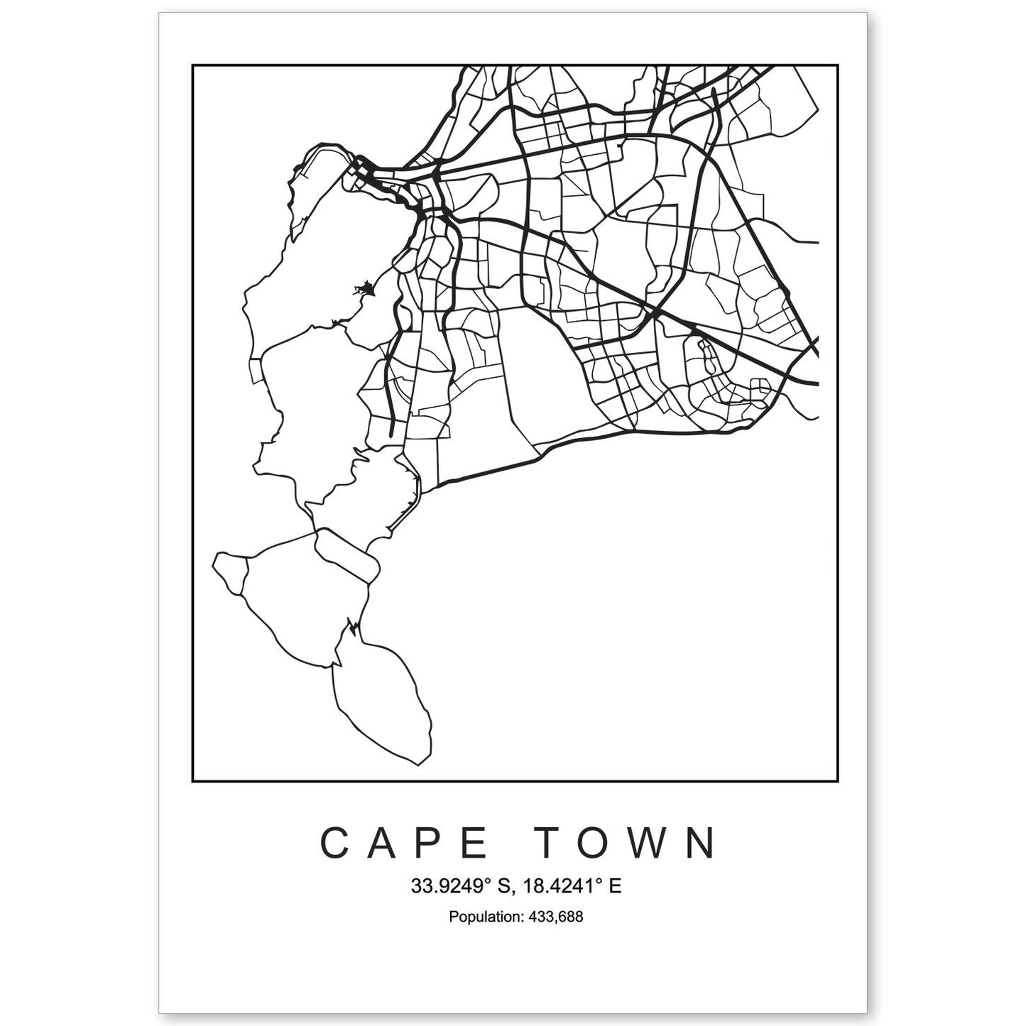 Lámina mapa de la ciudad Cape town estilo nordico en blanco y negro.-Artwork-Nacnic-A4-Sin marco-Nacnic Estudio SL