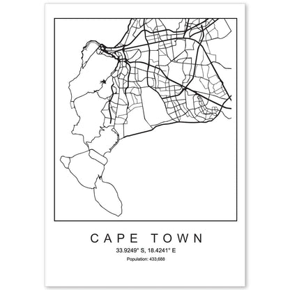 Lámina mapa de la ciudad Cape town estilo nordico en blanco y negro.-Artwork-Nacnic-A4-Sin marco-Nacnic Estudio SL