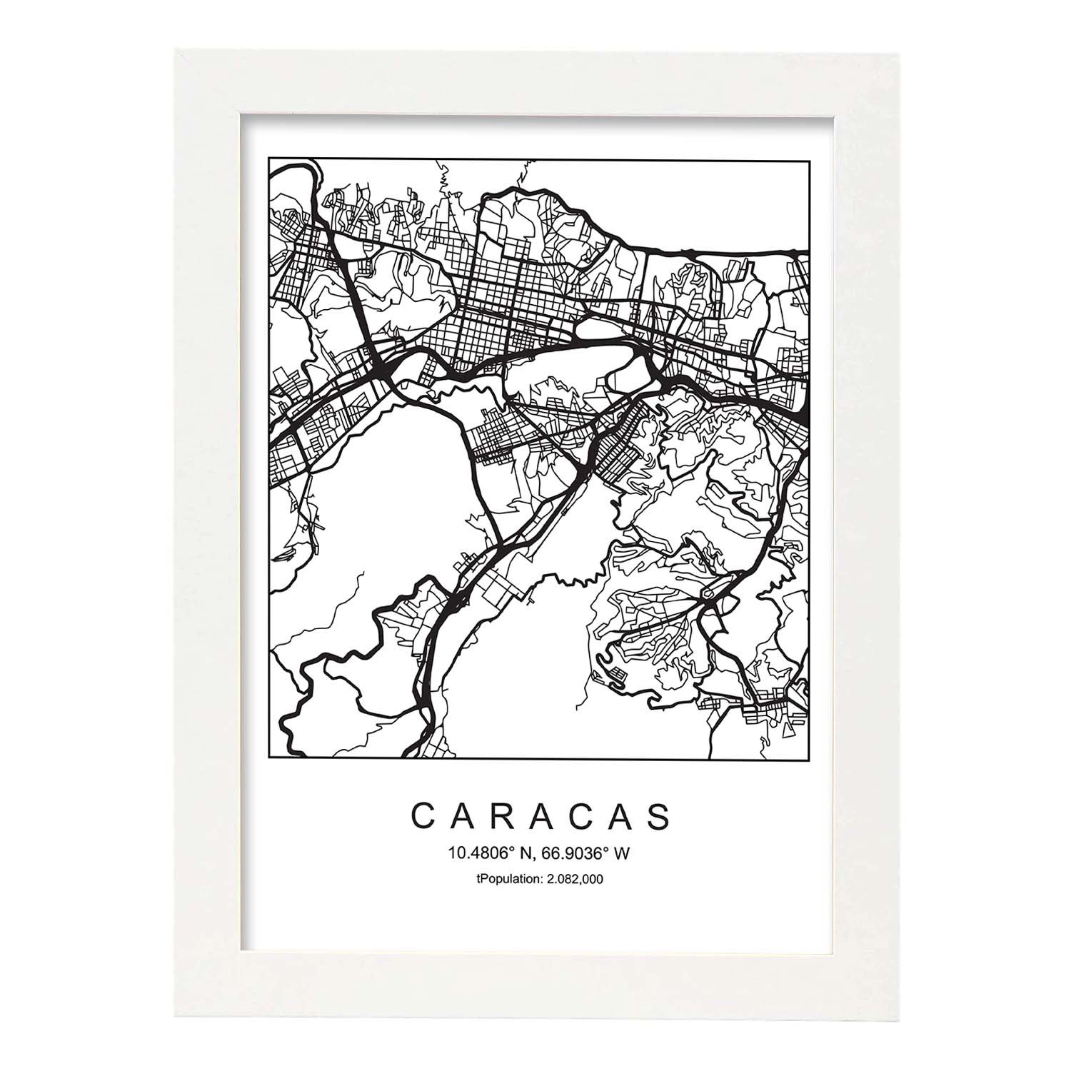 Lámina mapa de la ciudad Caracas estilo nordico en blanco y negro.-Artwork-Nacnic-A3-Marco Blanco-Nacnic Estudio SL