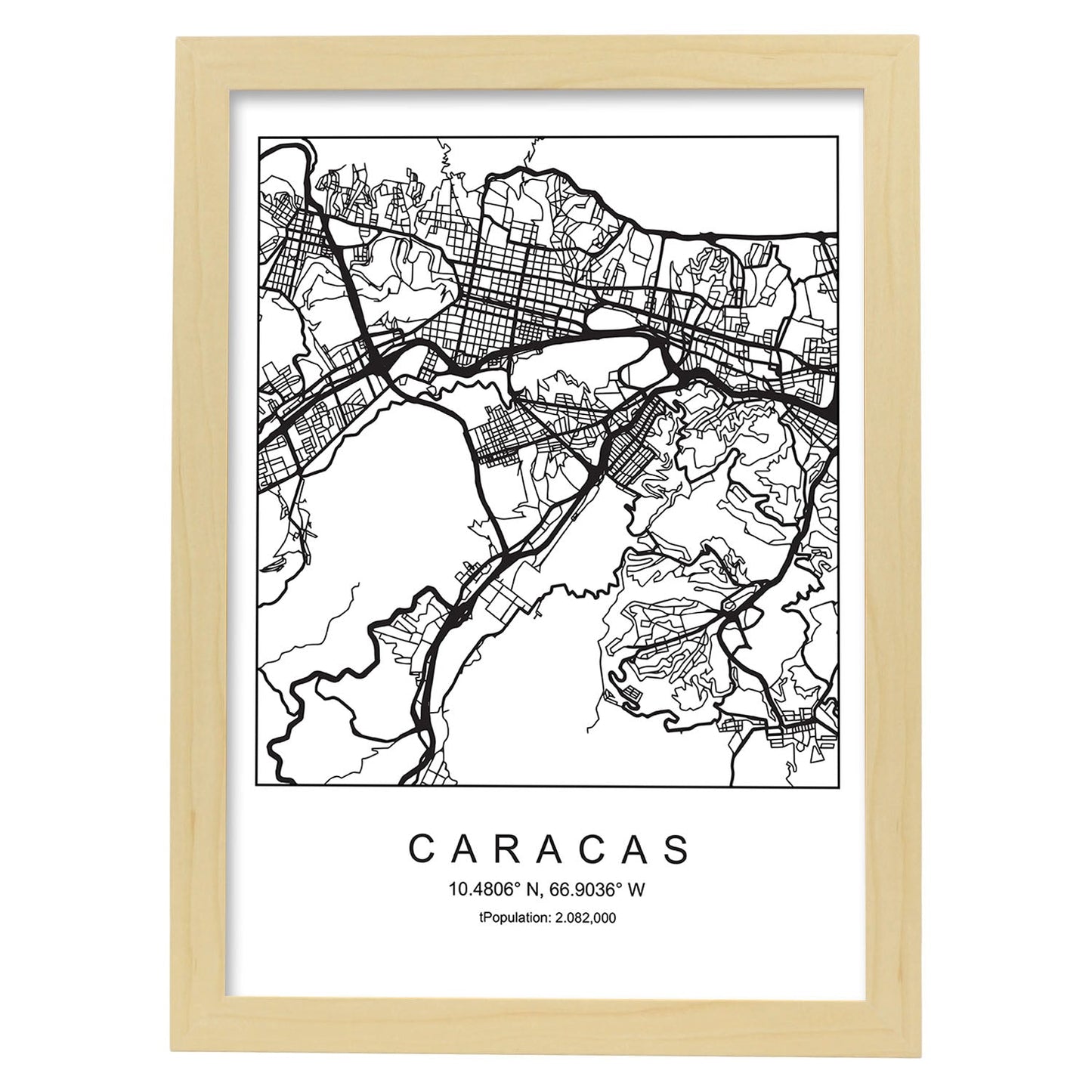 Lámina mapa de la ciudad Caracas estilo nordico en blanco y negro.-Artwork-Nacnic-A3-Marco Madera clara-Nacnic Estudio SL