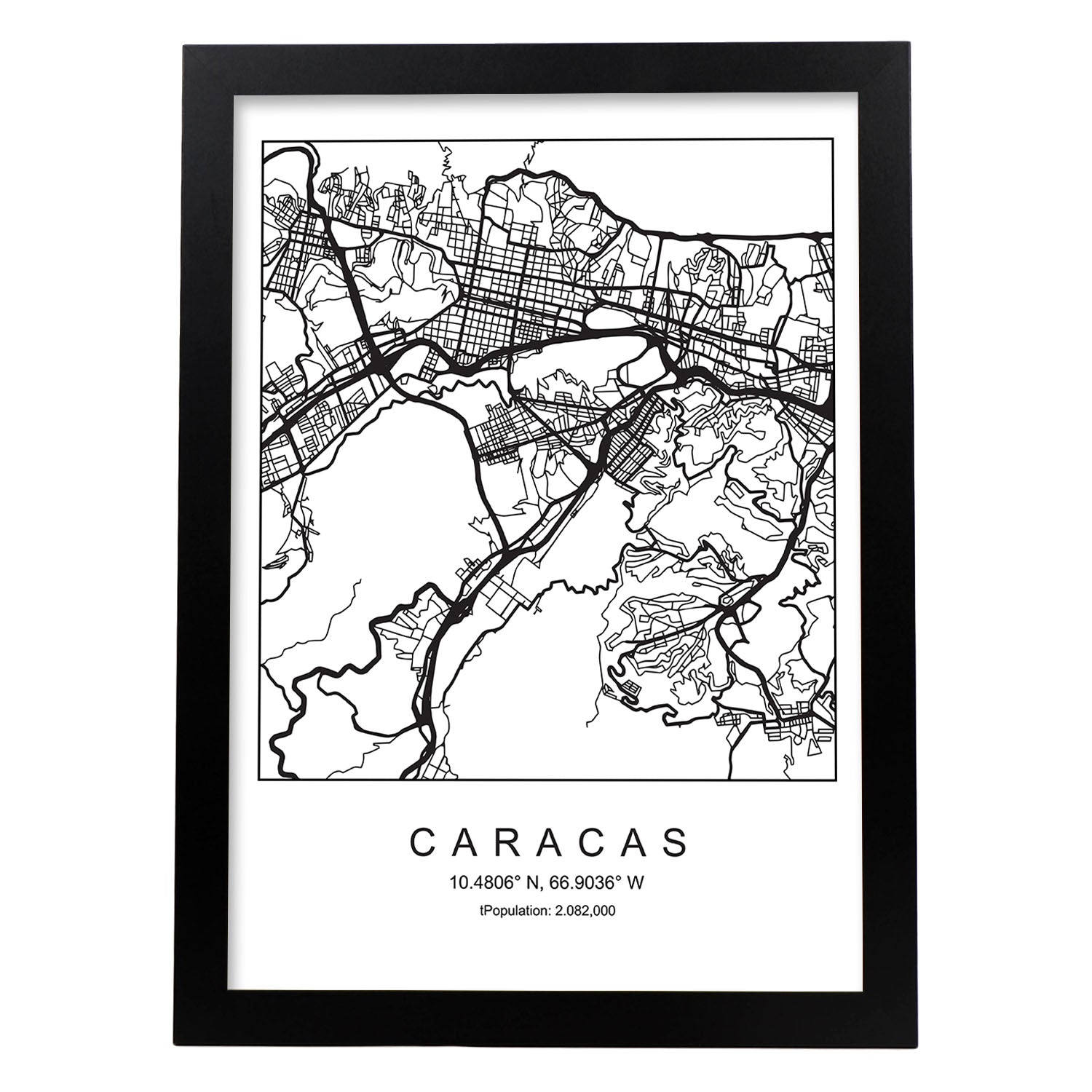 Lámina mapa de la ciudad Caracas estilo nordico en blanco y negro.-Artwork-Nacnic-A3-Marco Negro-Nacnic Estudio SL