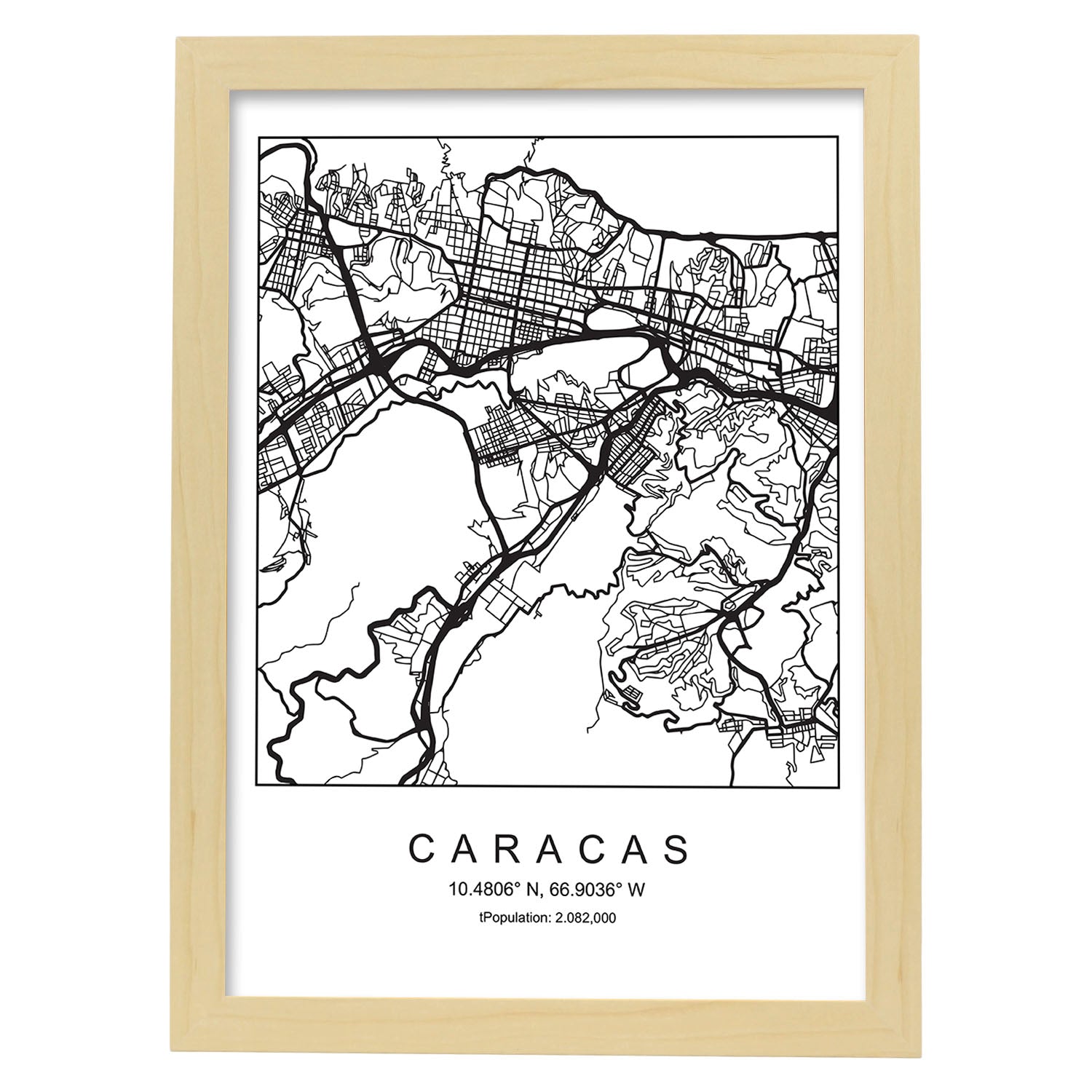 Lámina mapa de la ciudad Caracas estilo nordico en blanco y negro.-Artwork-Nacnic-A4-Marco Madera clara-Nacnic Estudio SL